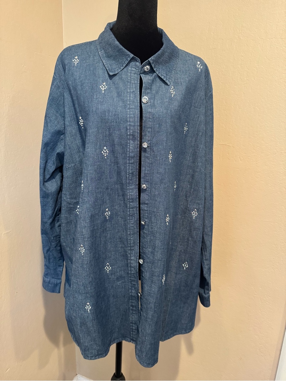 Quacker Factory Blue denim-like Button-Down Shirt w/Scattered Diamond Motifs